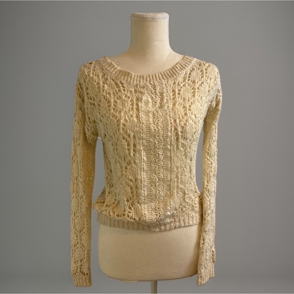 Flying Tomato Sweaters - Flying Tomato Crochet Open Knit Sweater Womens XS Ivory Cotton Blnd Boho Cottage